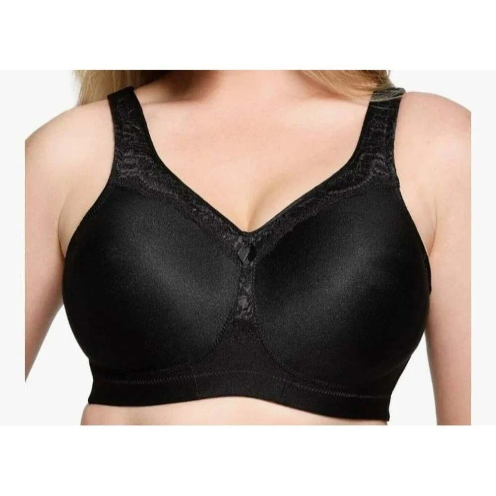 Glamorise MagicLift Wirefree Full Coverage Bra Size 46H Black Lace Detail NEW
